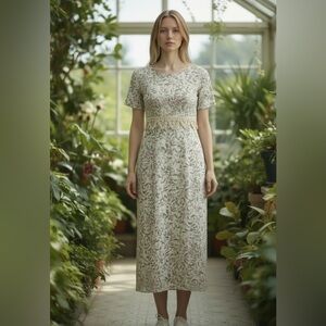 Vintage All that Jazz Leafy Green and Pink Rose Floral Midi Dress